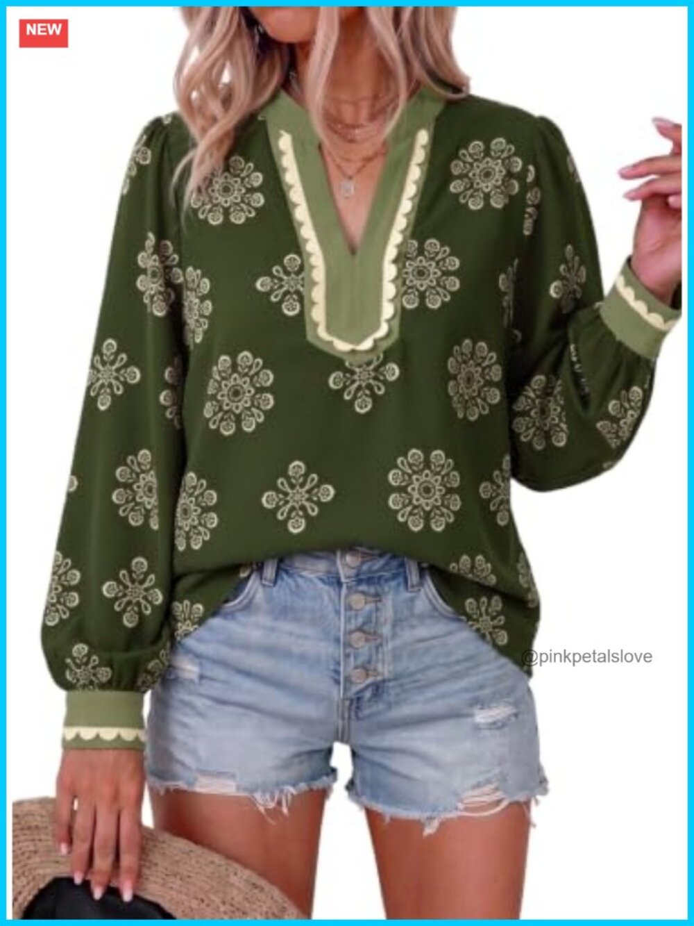 Womens Long Sleeve V Neck Blouse Scalloped Trim Boho Top